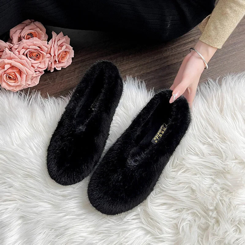Leopard Mink Fur Flats Women Shallow V-Open Flats Ladies Winter Furry Shoes Slip On Loafers Female Cold Proof Mocasines Mujer 251110
