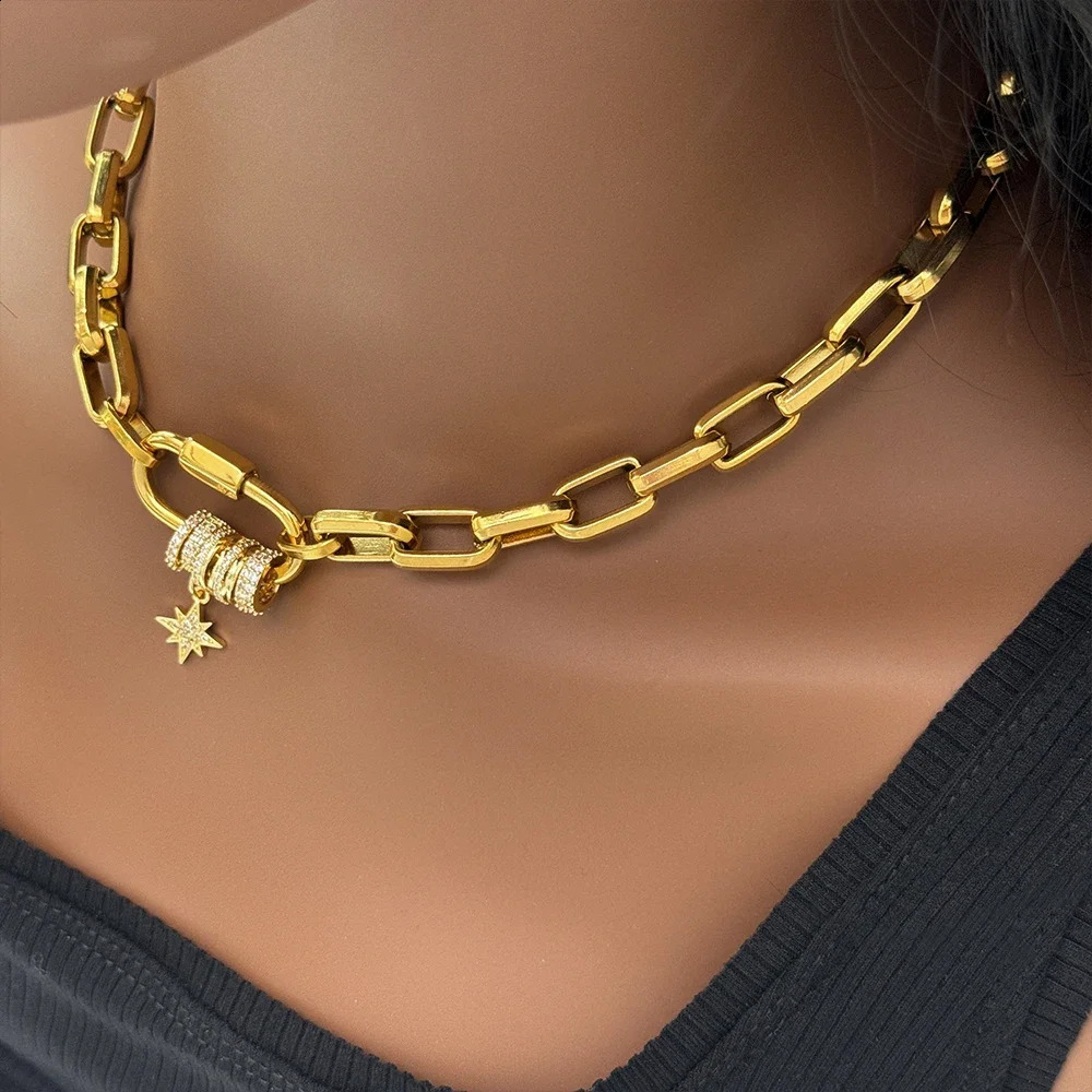 Jewelry 18k Gold Plated Short and Fat Stainless Steel Chain Buckle Paving Charm Zircon Charm Necklace YF3677 250409