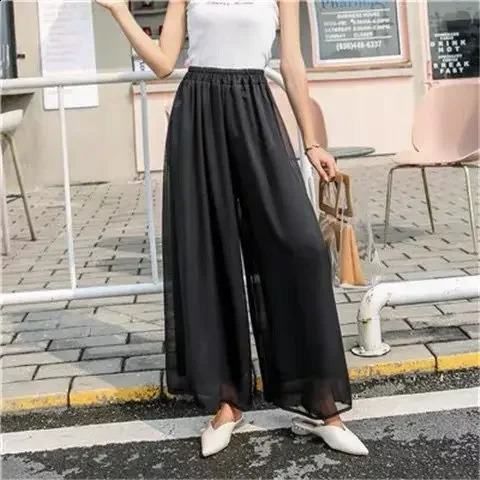 Summer casual white double-layer chiffon wide leg womens loose pants 250408