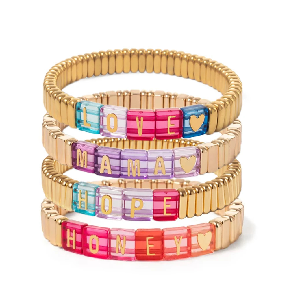 Customized Name Enamel Bracelet Womens 2x8mm Gold Beaded Elastic Bracelet Couple Bracelet 250408