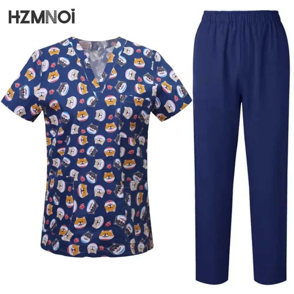 Surgical Uniforms Woman Printing Blouse Pockets Pants Medical Scrub Set Beauty Sn Workwear Clinical Scrubs Top+Pants Spa Suit X2504101