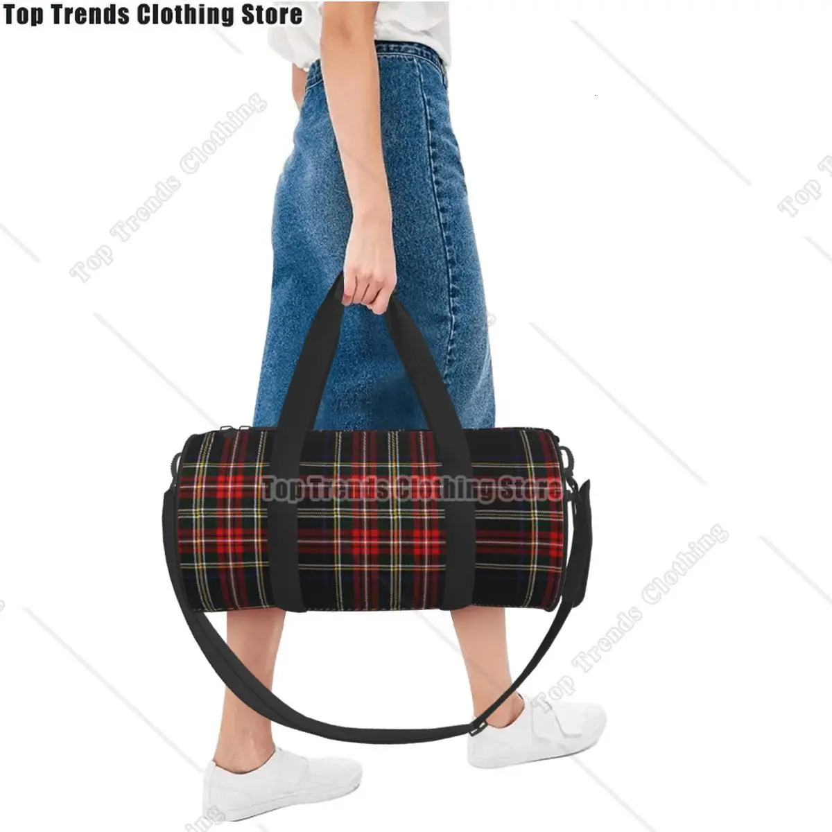 Black Modern Scottish Tartan Travel Bags Men Fitness Handbag Cylinder Shoulder Bag Women Large Travel Tote Luggage Bag 251110