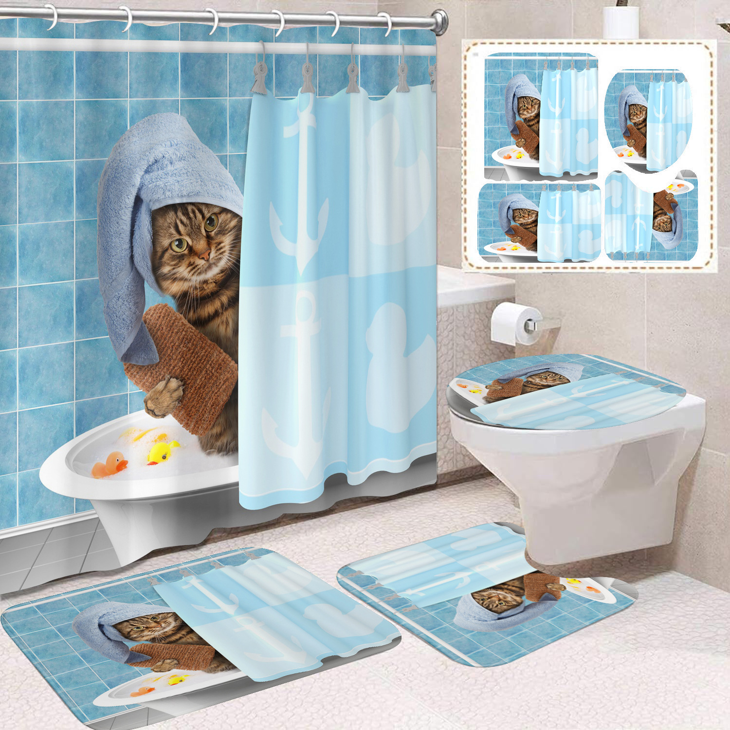 YL-37686 Black and White Cat Shower Curtain Waterproof and Mildew-proof Digital Print Shower Curtain Four-Piece Set