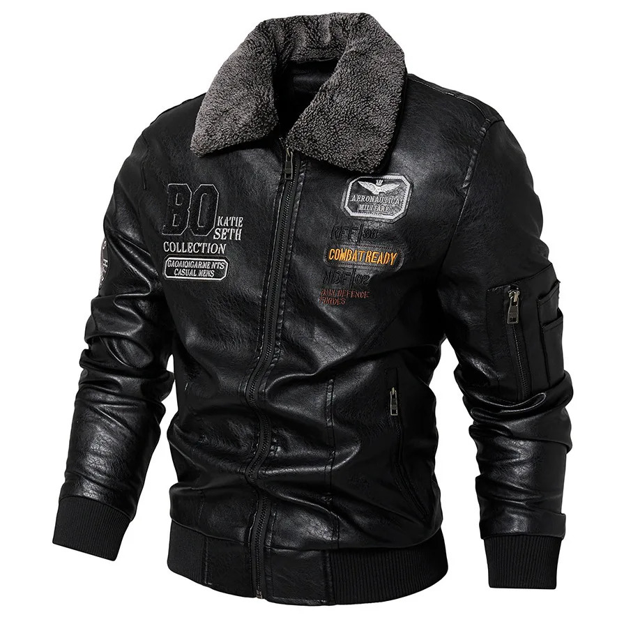 Business Slim fit Leather Bomber Jacket Men Slim Leather Flight Jacket Black Pilot Coat High Quality Man Fur collar Warm Jackets 251106
