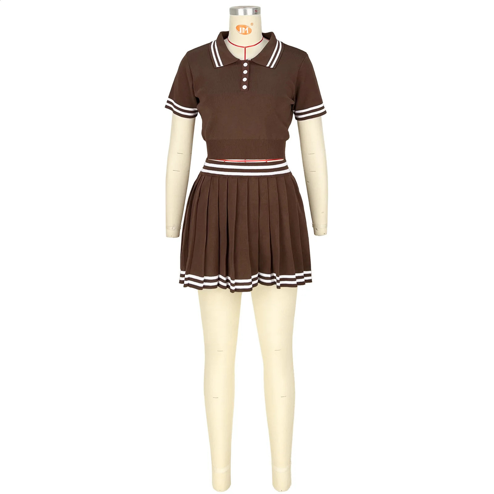 CM.YAYA Women Knit Mini Pleated Skirts Set Short Sleeve Striped T-Shirt Two 2 Piece Set Outfits Sexy Street Active Tracksuits 250411