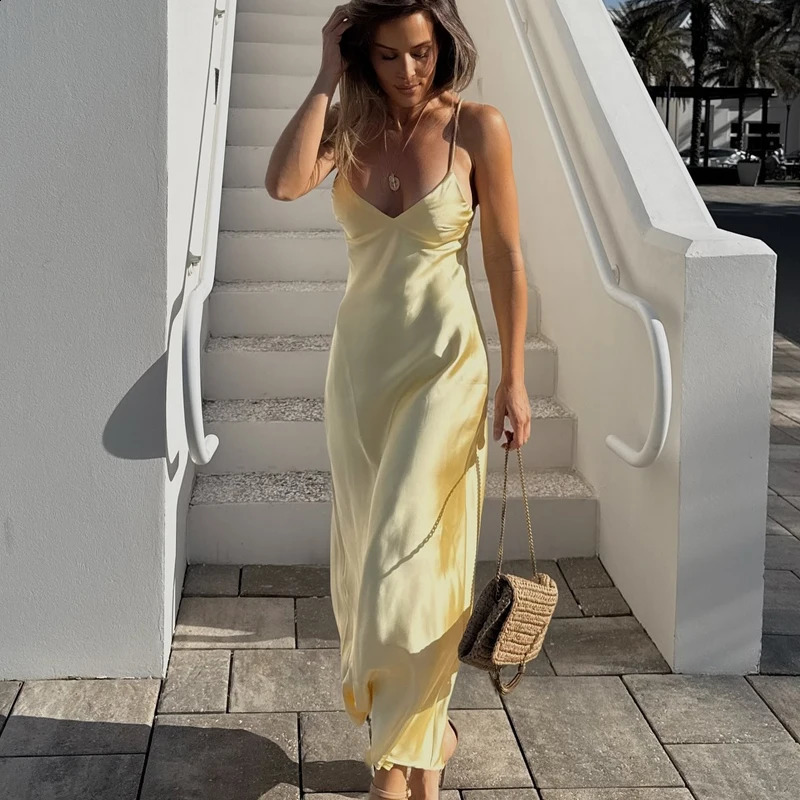 TRAF Yellow Dress Summer Dress For Women Satin Backless V Neck Midi Dresses Elegant Evening Party Dress 2025 Holiday Strap Dress 250410