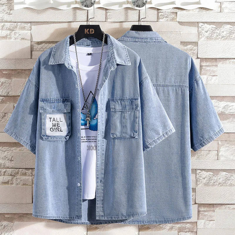 summer mens blue denim short sleeved shirt highquality cotton light plus size M4XL 250411