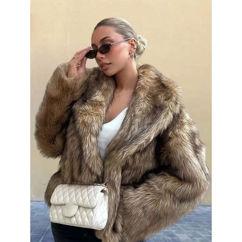 Brown Big Collar Thick Warm Faux Fur Coat Women Fashion Long Sleeves Loose Furry Short Jackets Autumn Winter Lady Streetwear