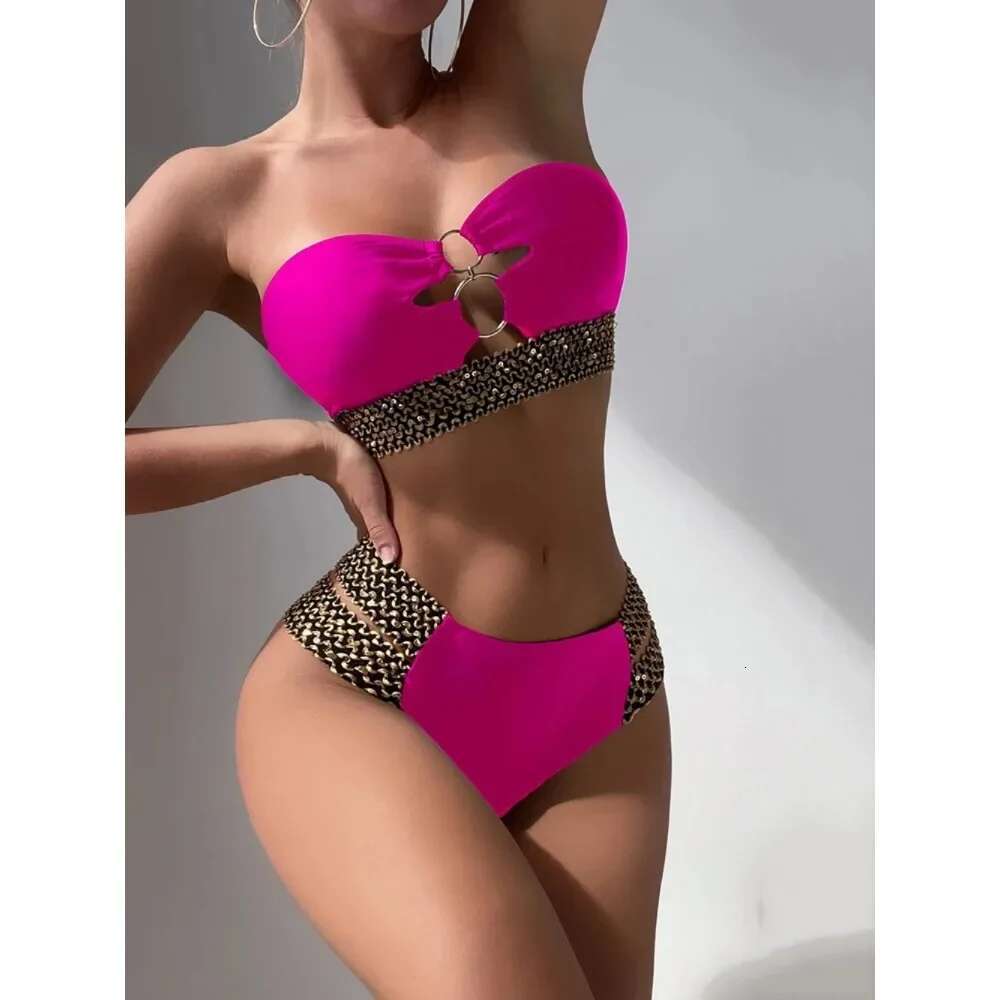 Sexy Strapless Bandeau Swimwear Women Swimsuit Female Flash Belt Bikini Set Two Pieces Bathing Suit Beachwear Bather