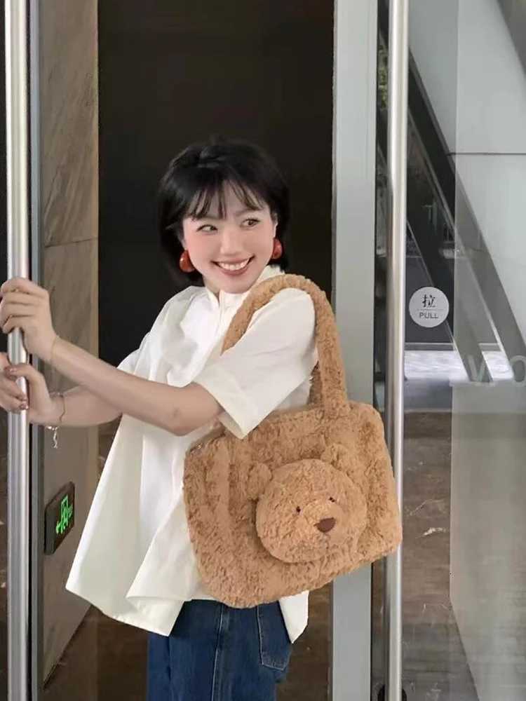 2025 Autumn And Winter New Plush Bear Doll Shaped Single Shoder Wens Bag Large Capacity Portable Cputer Tote Bag Trendy H251111