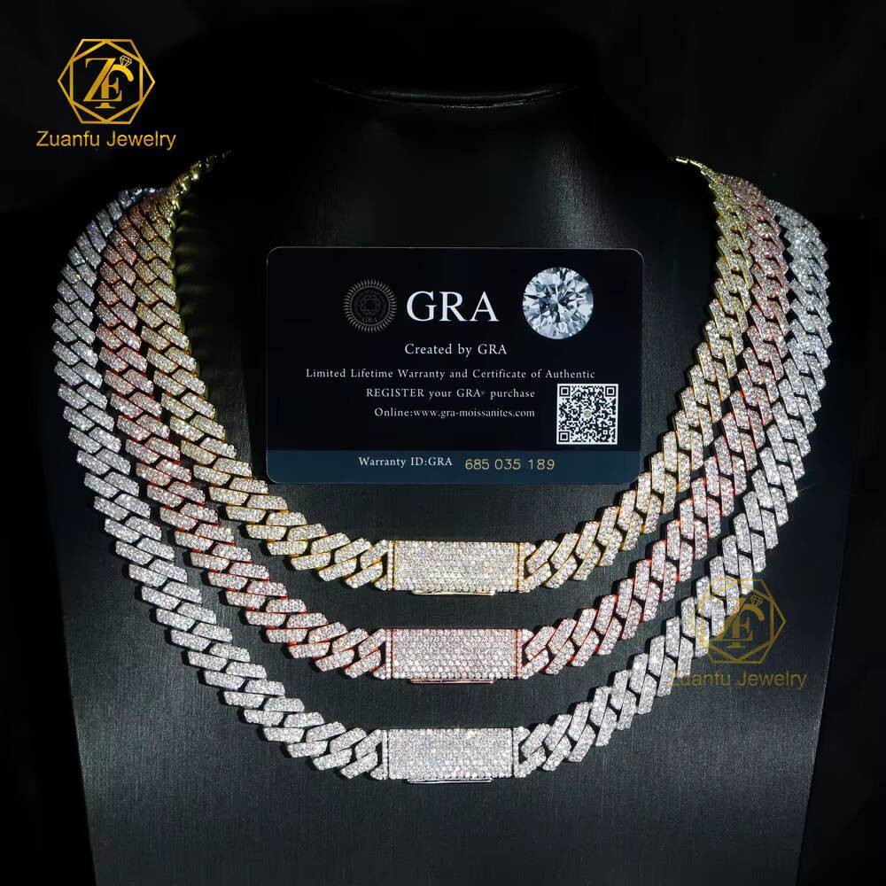 Fine Jewelry S925 Sterling Cuban Link Moissanite Necklace 2Row 12mm VVS Moissanite Diamond Cuban Chain