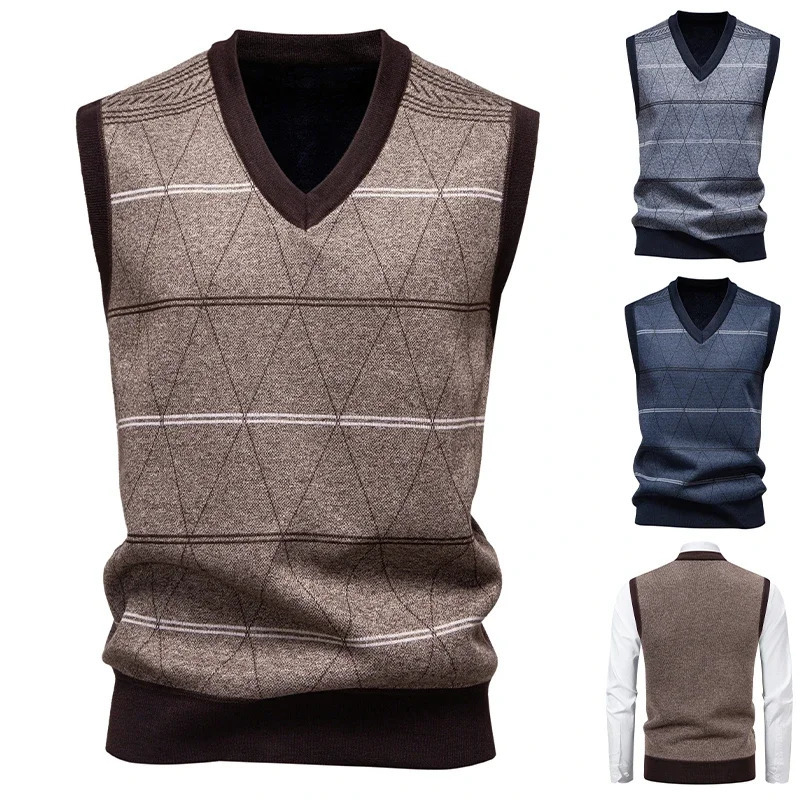 2025 Mens Vneck Knitted Sweater Warm Autumn Winter Diamond Grid Twisted Flower Casual Fashion Versatile Knit Top 251104