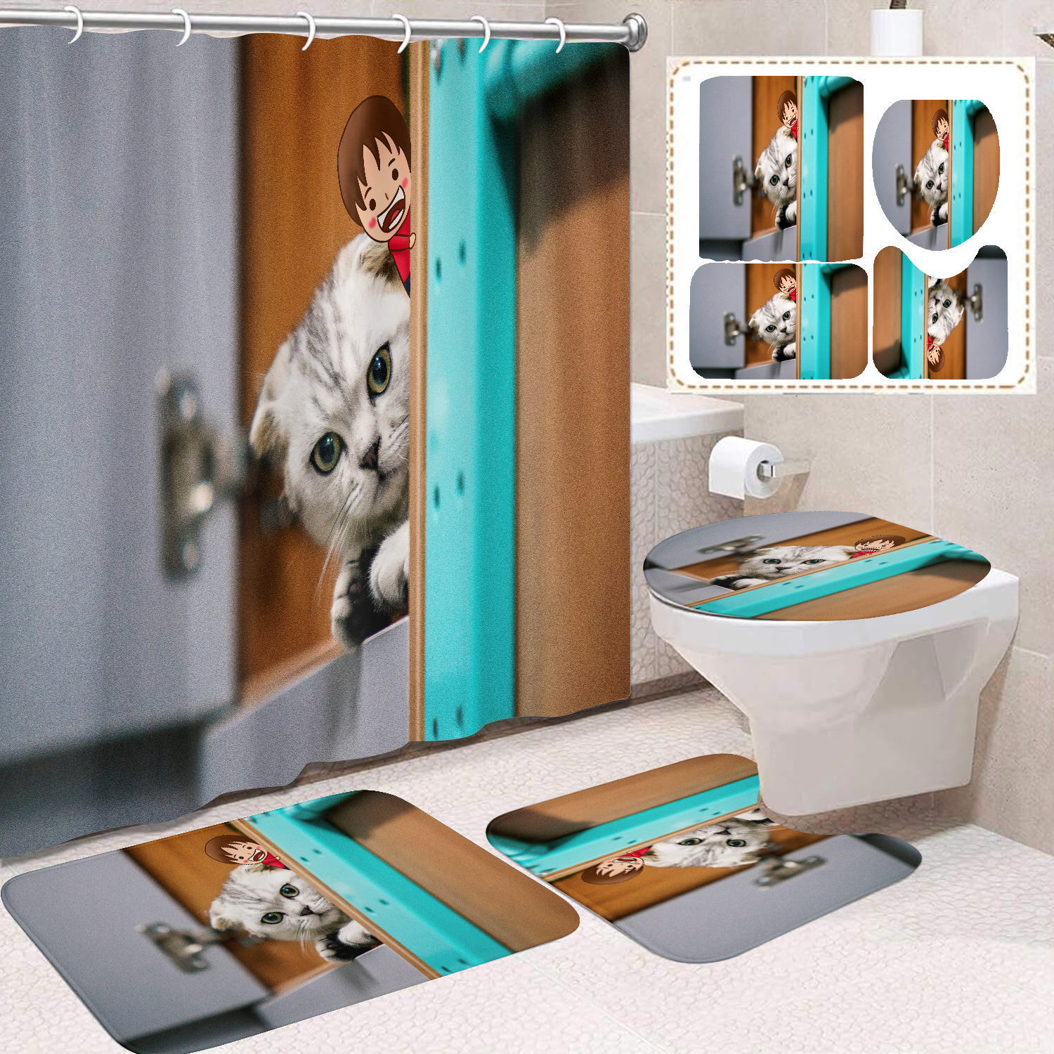 YL-37687 Black and White Cat Shower Curtain Waterproof and Mildew-proof Digital Print Shower Curtain Four-Piece Set