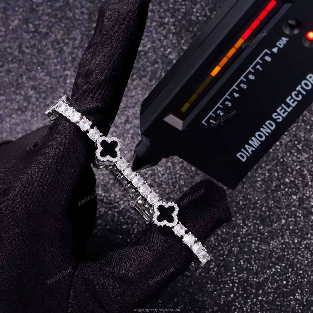 Fashion Pure Sier 3-4-5mm VVS Moissanite Natural Black Onyx Agate Clover Tennis Chain Jewelry Bracelet