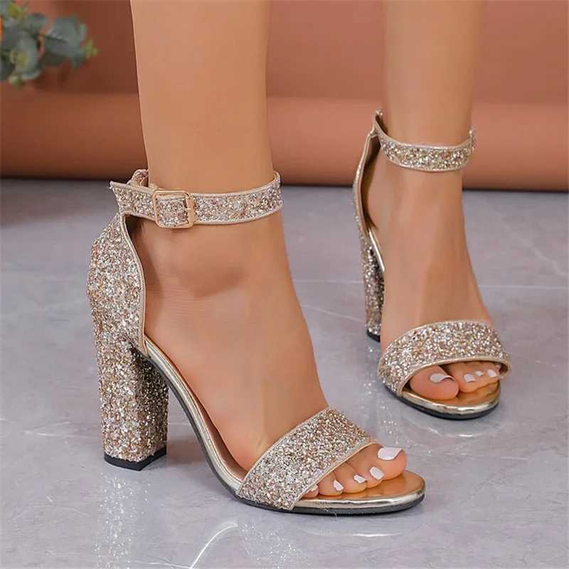Sparkling thick high-heeled womens sandals summer ankle buckles wedding high heels open toe platform sexy party shoesXJ250410