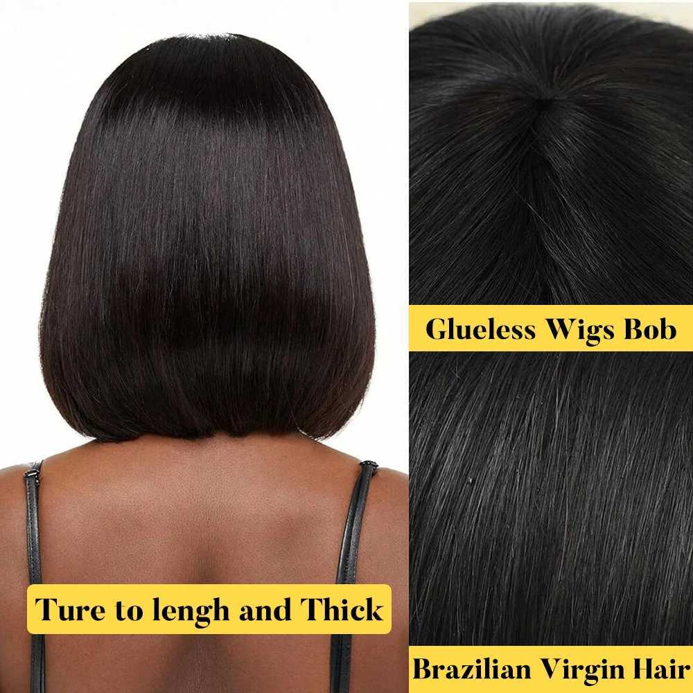 Pre Plucked Short Bob Human Hair Bone Straight Wig With Bangs 3x1 Lace Wig Glueless Brazilian Wig For Black Women Ready To WearT251111