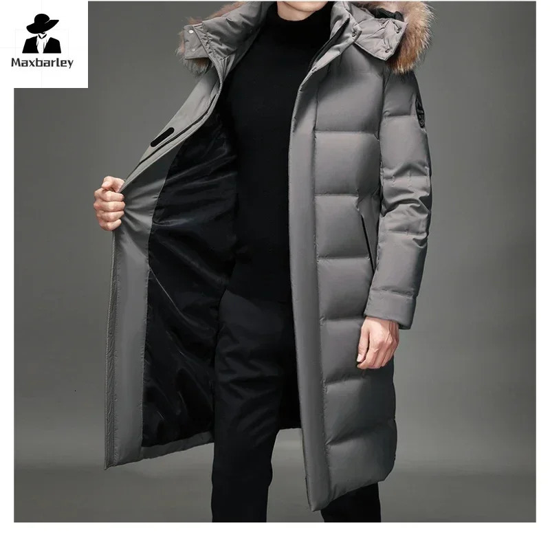 Winter Long Down Jacket Mens Light Fur Collar Hooded Windproof White Duck Down Warm Coat Korean Thick Snow Puffer Jacket 251106