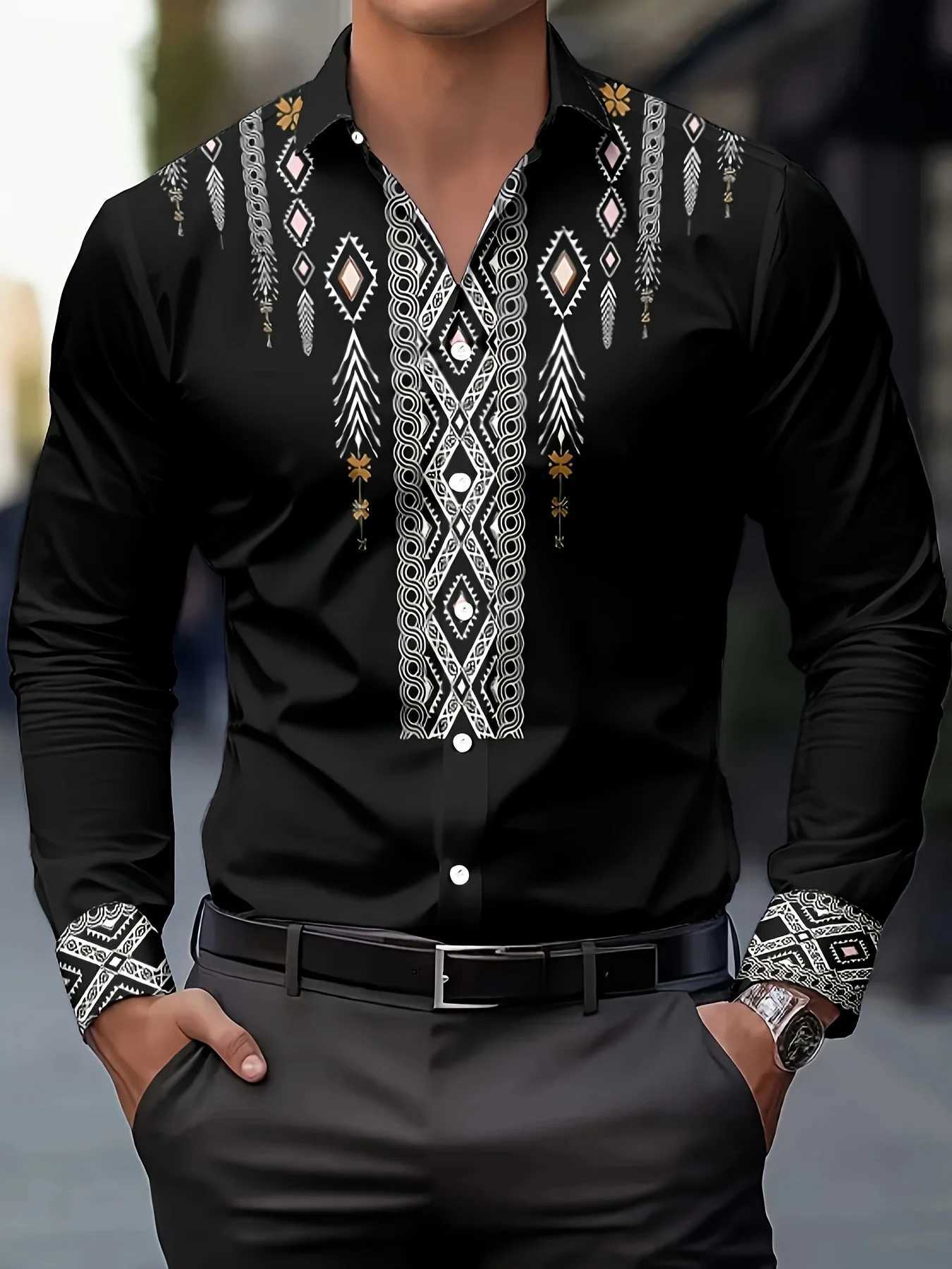 Mens Ethnic Print Casual Shirt - Breathable Long Sleeve Button-Up with Geometric Pattern Regular Fit Machine Washable K251110