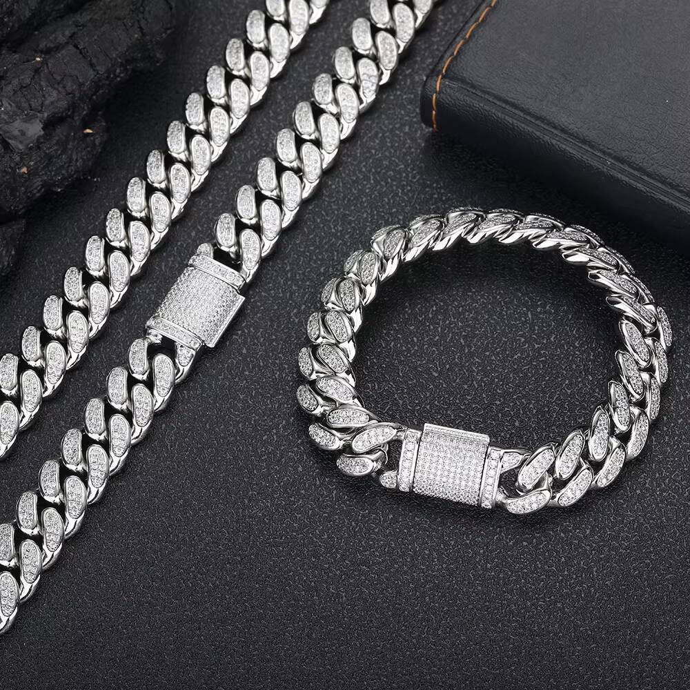 NUOYA Iced Out Two Row Diamond Cuban Chain D Color VVS Moissanite High Quality Custom 925 Silver Cuban Chain Hip Hop Jewelry