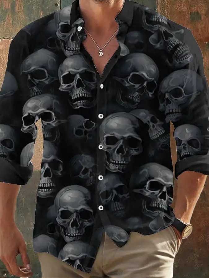 2024 Mens Vintage Dark Skull Print Long Sleeve Shirt - Skull PrintRegular Fit Lapel Collar Polyester BlendHalloween Party K251110