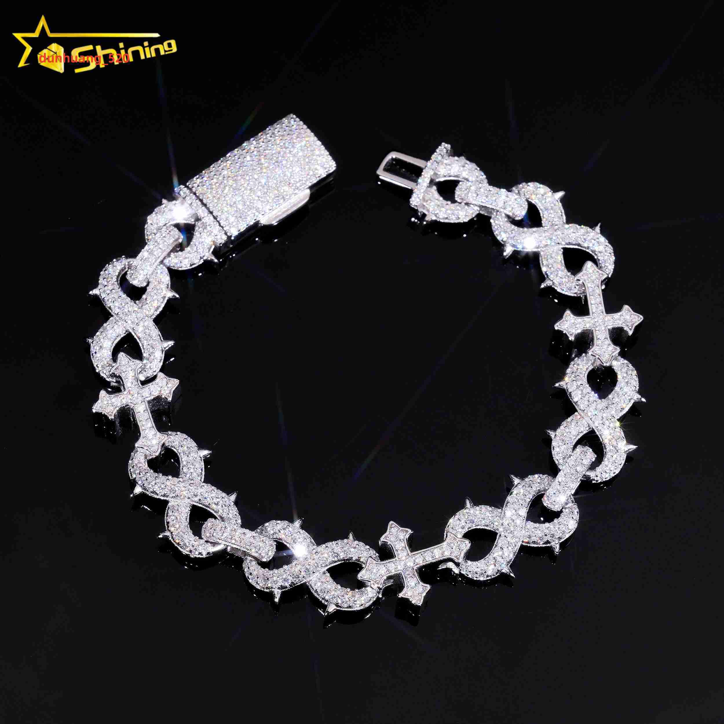 Factory 15mm Width Hip Hop Jewelry Real Silver 925 Gold Plated Vvs Lab Diamond Moissanite Infinity Cuban Link Chain Bracelet