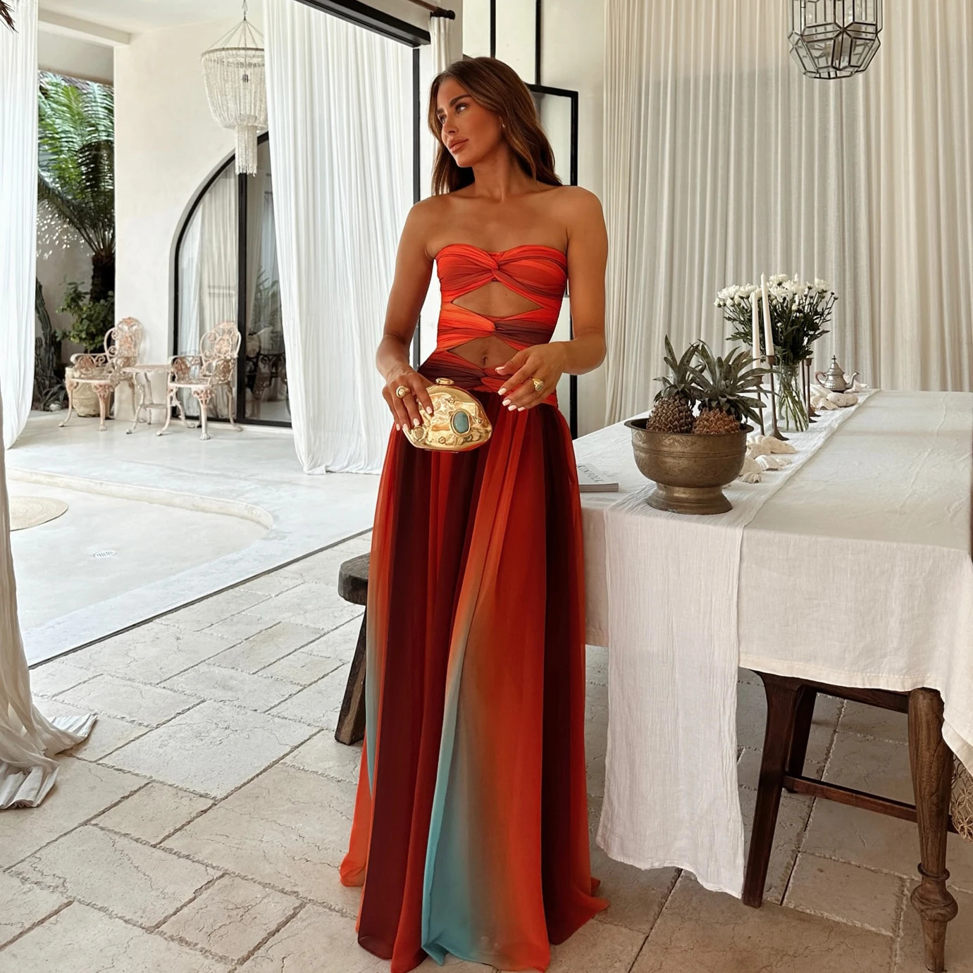 2 Pcs Hollow Swimsuit Sexy Women Bikini 2025 Cut Out Swimwear Female Swimming Suit Long Skirt Deep V Biquini Bodysuit Beachwear 250410