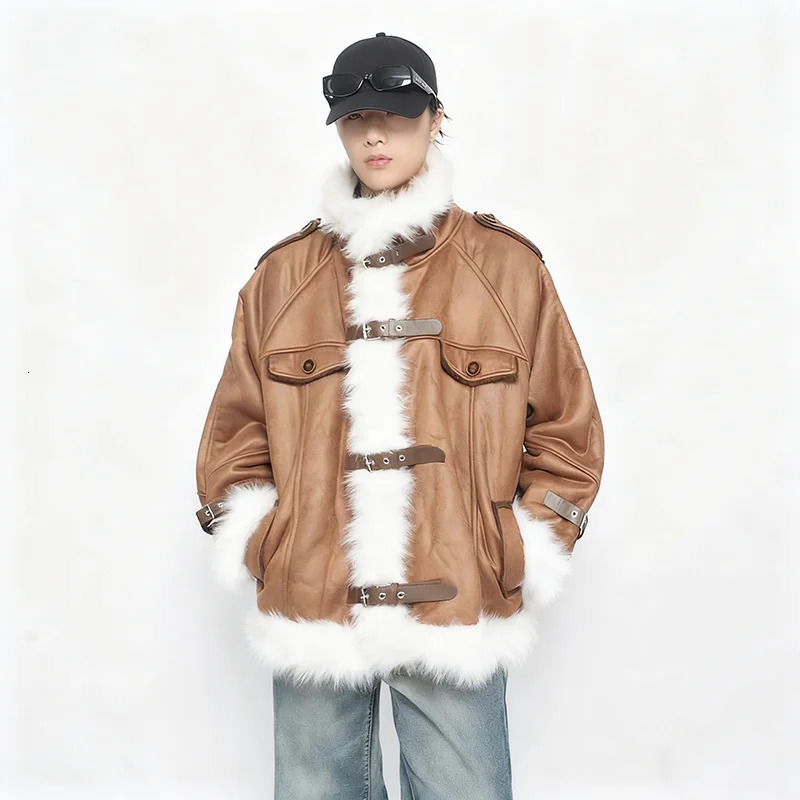 ReddaChic Faux Fur Suede Leather Bomber Jacket Men Buckle Belt Turtleneck Fleece Lined Warm Winter Coat Vintage Punk Outerwear 251106