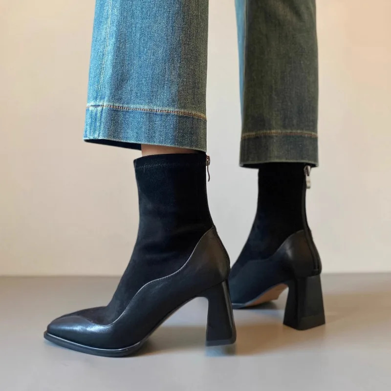 Womens Winter Thick Heel Cotton Boots Square Head Splicing Suede Back Zipper Anti-slip Wear-resistant Short Boots 251110