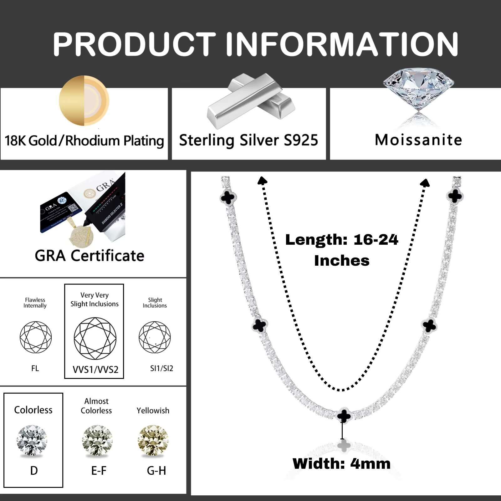 Hot Selling Design Black Clover Tennis Chain Luxury VVS D Moissanite 925 Sterling Silver Tennis Bracelet 4mm Hip Hop Jewelry