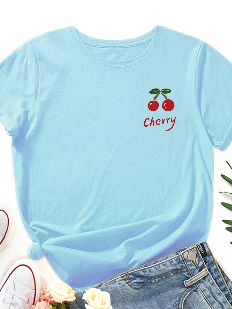 On Chest Red Cherry Print Women T Shirt Short Sleeve O Neck Loose Women Tshirt Ladies Tee Shirt Tops Camisetas Mujer 250410