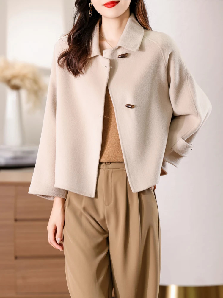 100 Merino Pure Wool Handmade DoubleSided Cloth Chic Coat Womens Short Oxhorn Button Heavy High Street Elegant Top 251104