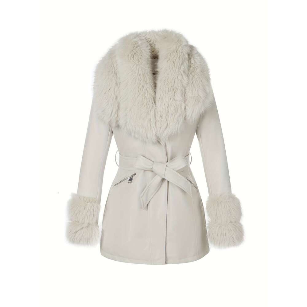 Women's Elegant Winter Jacket With Detachable Fake Fur Collar & Lapel - Belted Coat, Solid Color Long Sleeve Outerwear Fall/Winter, Non-Stretch F