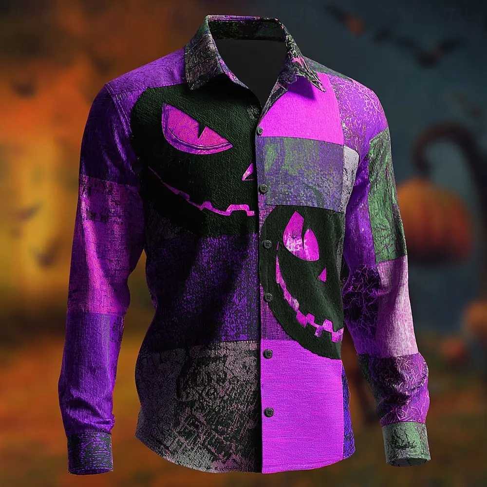 Halloween Costumes Mens Color Block Pumpkin Patchwork Shirt Button Up Shirt Long Sleeve Casual Outdoor 3D Print Collared Shirts K251110