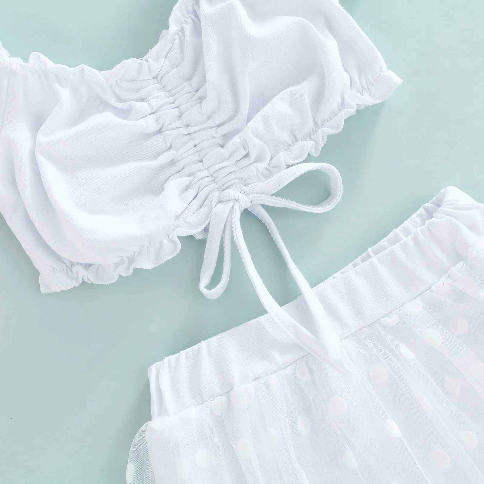 Childrens baby girl 2PCS set childrens baby girl pleated edge decoration Drstring pleated short sleeved top+patch work mesh shorts 2-7TXJ250410