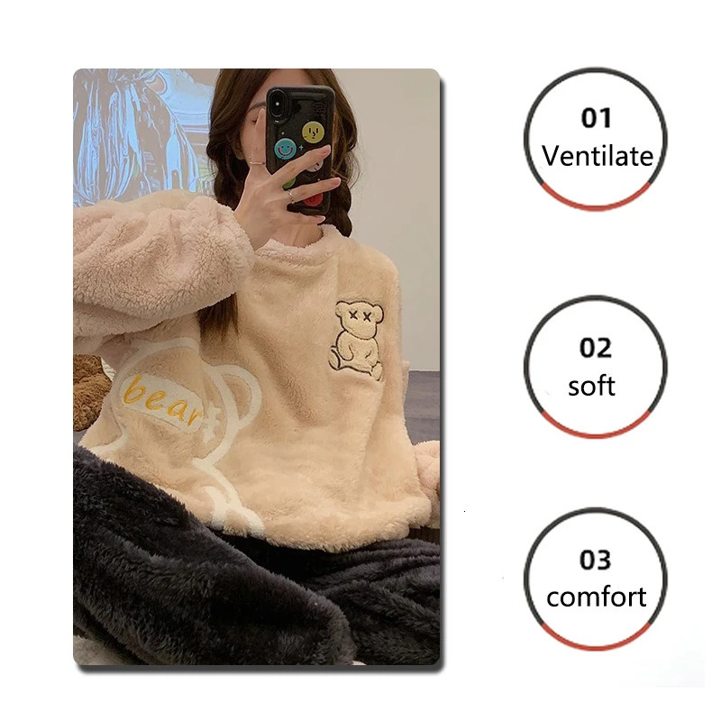 Thickened Warm Flannel Women Sleepwear Homewear for Winter Tops and Trousers Ladies Nightwear Loungewear Two-Piece Set Pajamas 251106