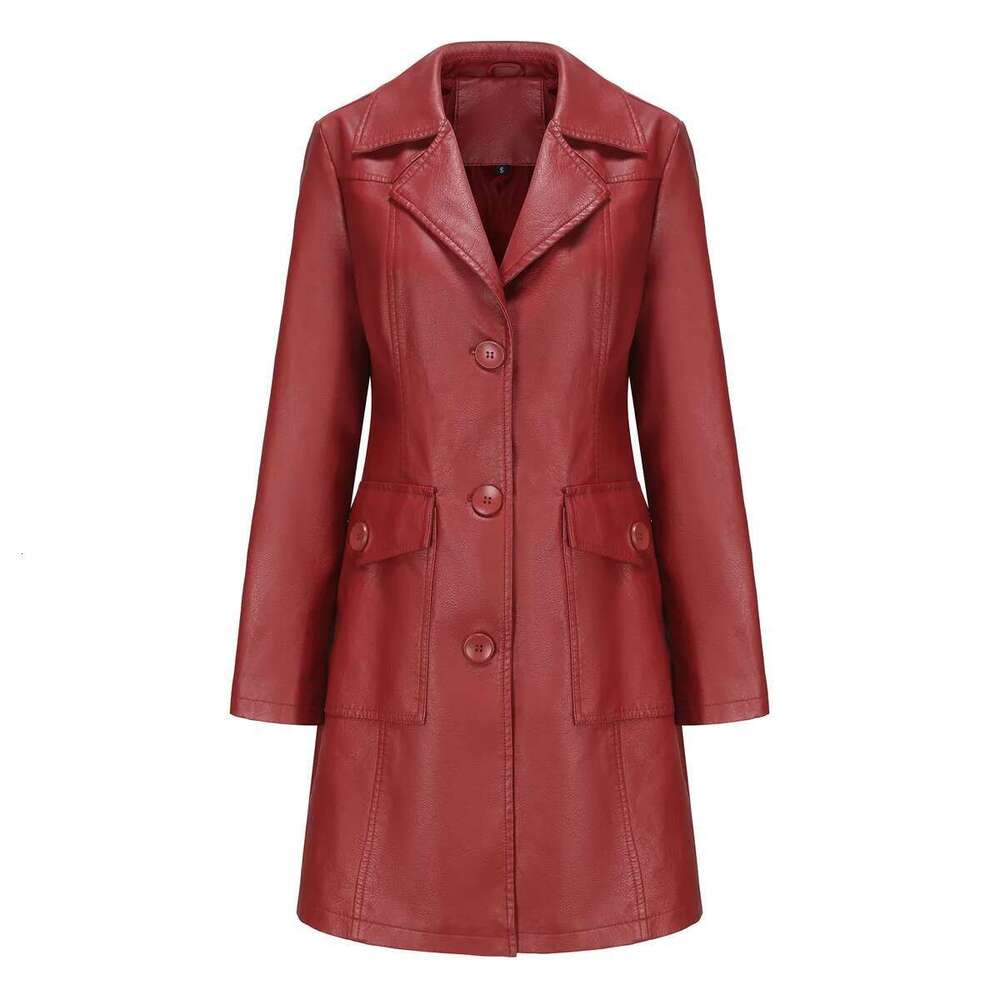 Red Long Waist Lace-Up Leather Women's Long-Sleeved Lapel PU Windbreaker Jacket Fashion Female Single-Breasted Overcoat