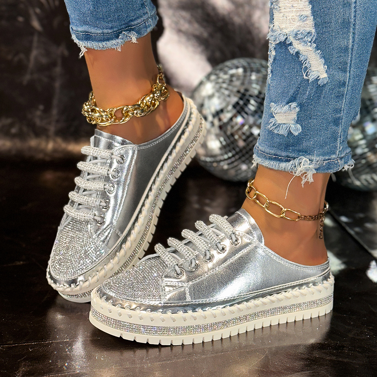 Women's Shiny Water Diamond Luxury Shoes Spring and Autumn Casual Sports Shoes Women Fashion Flat Shoes Designer Lace up Slippers Zapatos Mujer