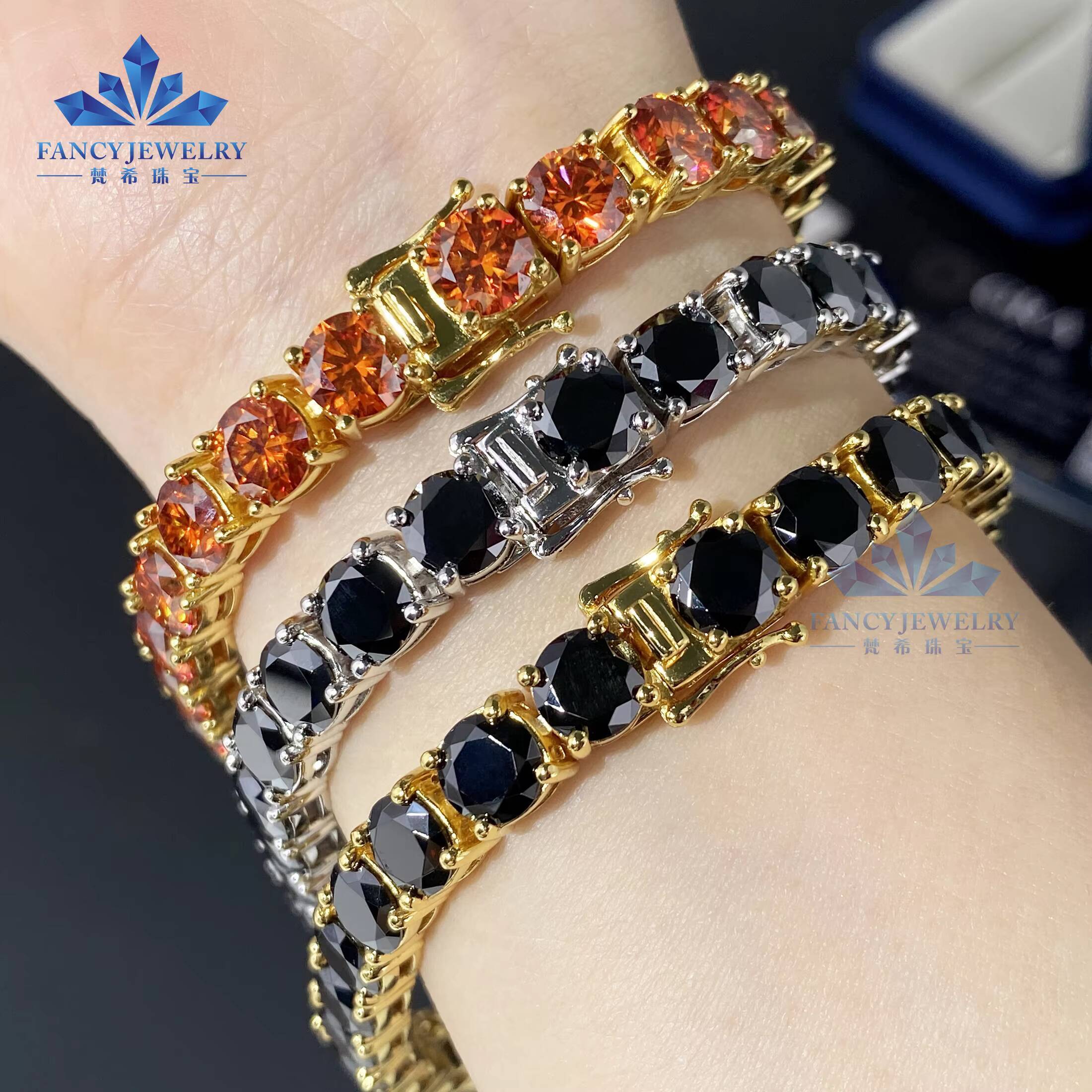 S925 Hiphop Style Tennis Chain Bracelet and Necklace Round Cut Black Moissanite Diamond Certified with GRA Certificate