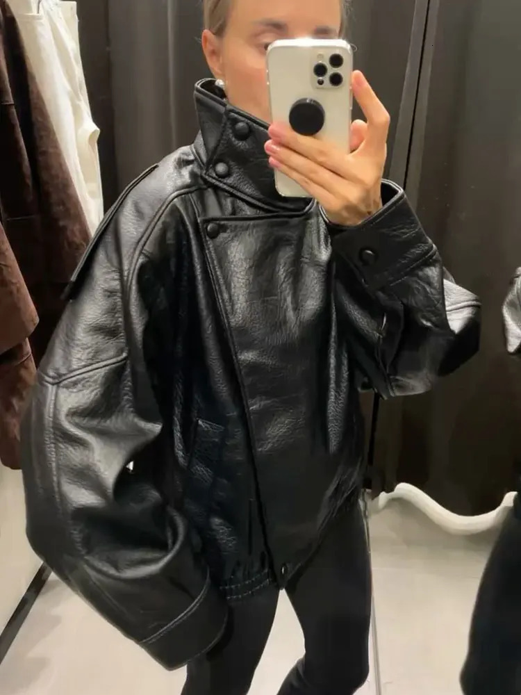 HH Autumn Womens Street Fashion Loose Leather Jacket Long Sleeves Turtleneck Zipper With Pockets Asymmetric Vintage Coats 251107