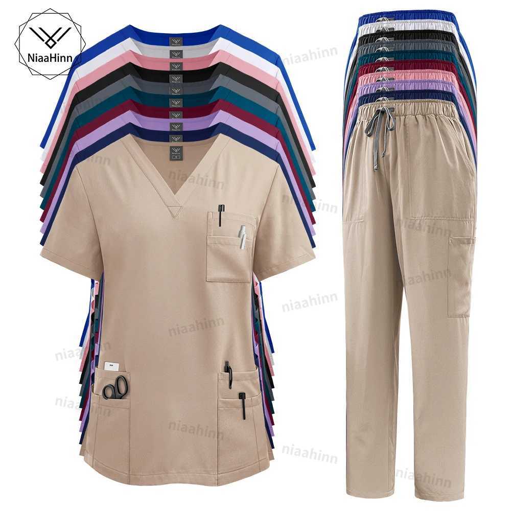 Multicolor Scrubs Uniform Womens Short Slue Top+Pants Scrubs Set Nursing Uniform Pet Shop Doctor Scrub Medical Surgery Work Clothes X250410