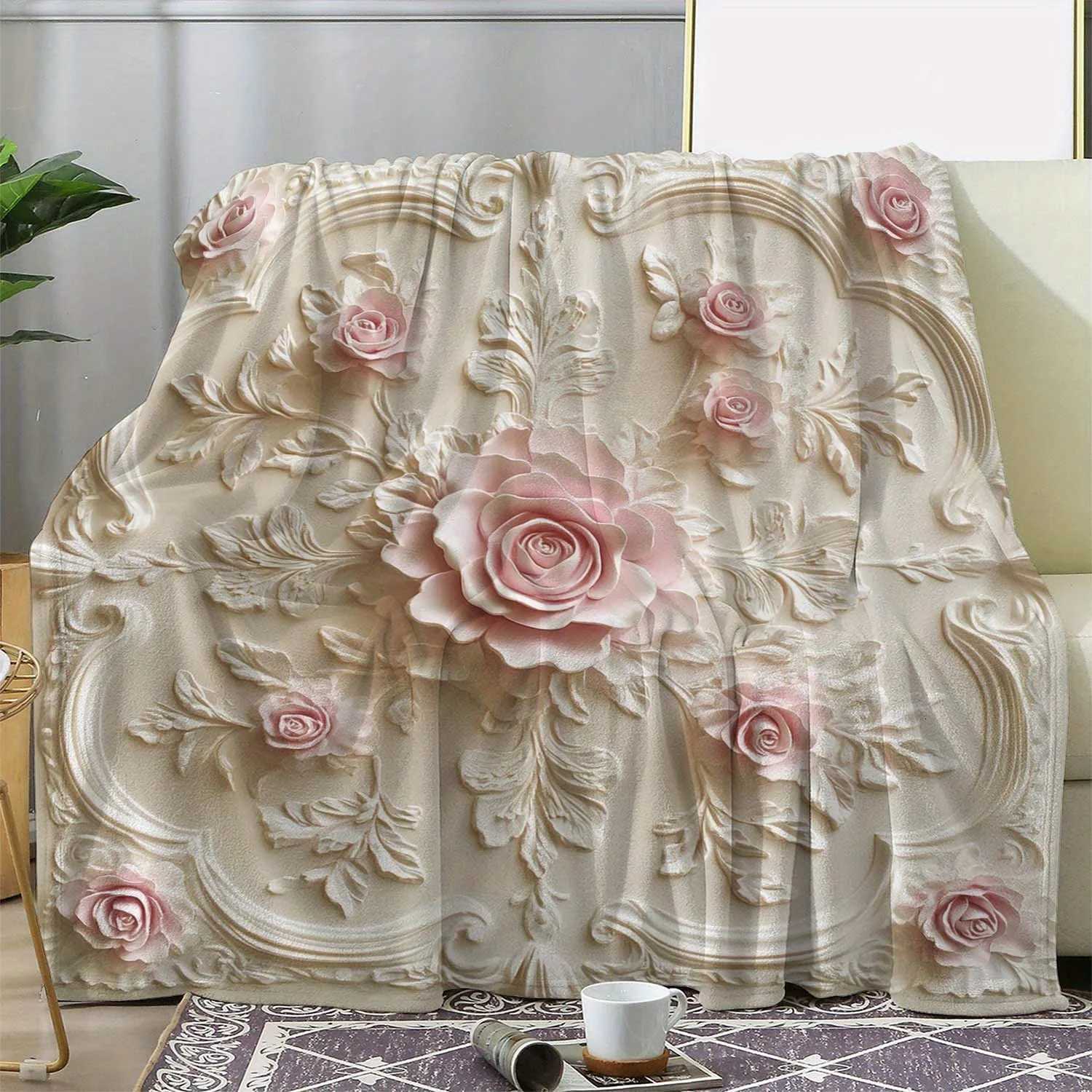 Luxury All-Season Flannel Blanket Embossed Rose Floral PrintUltra Soft Versatile for Sofa/Bed/Car/Travel Pink Roses on White C251111