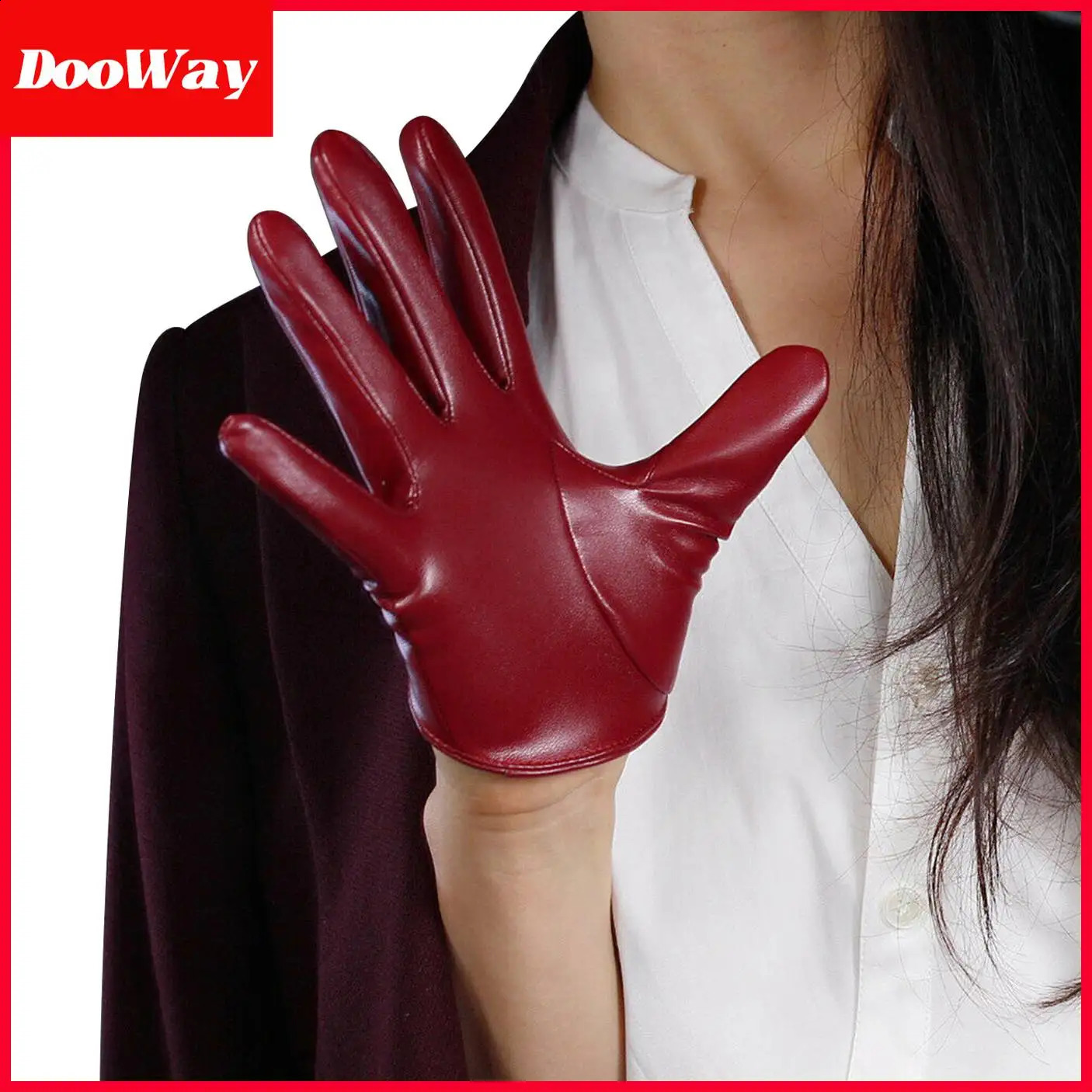 DooWay Womens Burgundy Latex Gloves Short Half Palm 5-inch Faux Lambskin PU Dark Red Party Cosplay Evening Dressing Glove 250408