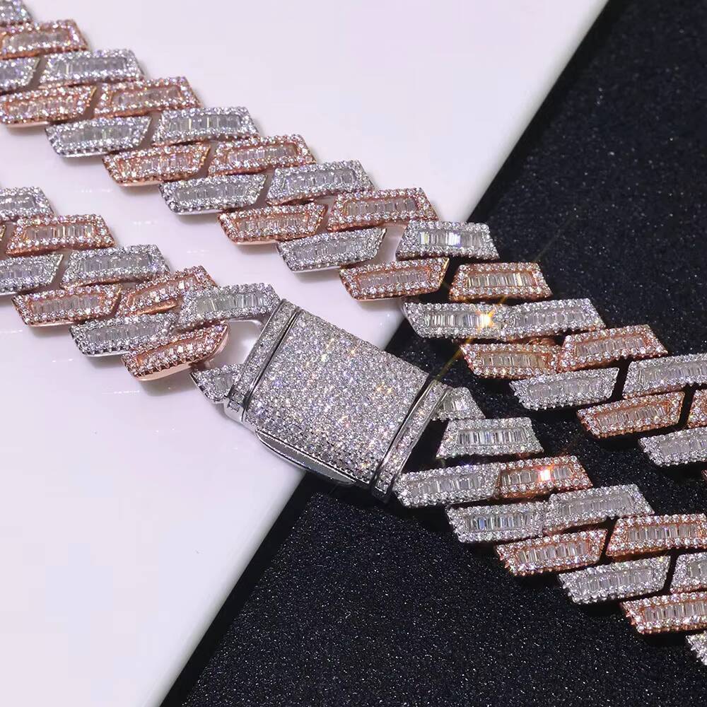 NUOYA 925 Sterling Silver Iced Prong Cuban Chain Necklace Hip Hop Bling Baguette Moissanite Diamond Cuban Chain Womens Jewelry