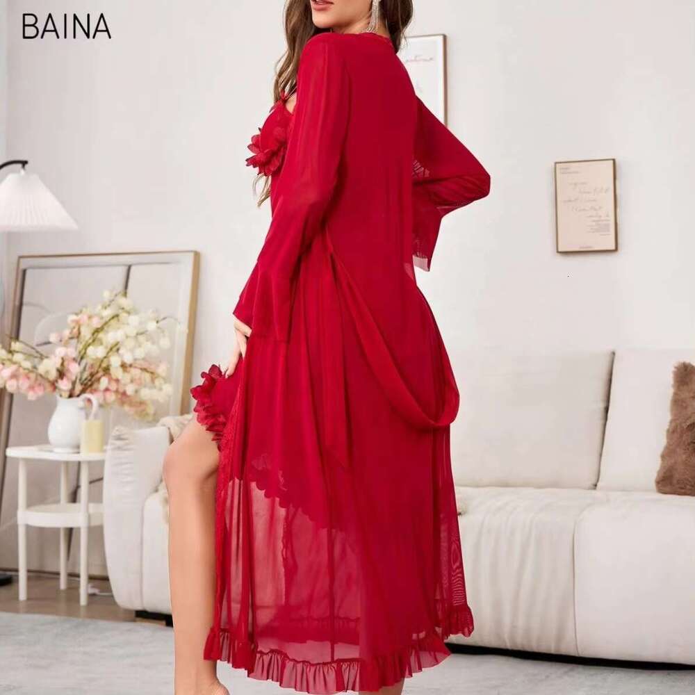Valentine's Day Pama Mesh Wedding Dressing Sexy Ruffles Pamas Robe Pyjamas Set Sleeping Gown + Sg Dress
