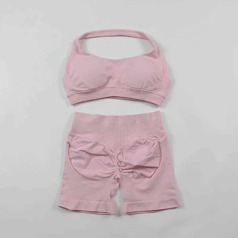 Impact shorts set seamless yoga set womens 2Pcs suspender sports bra twisted hip gym shorts set sportswear summer sportswearW250411