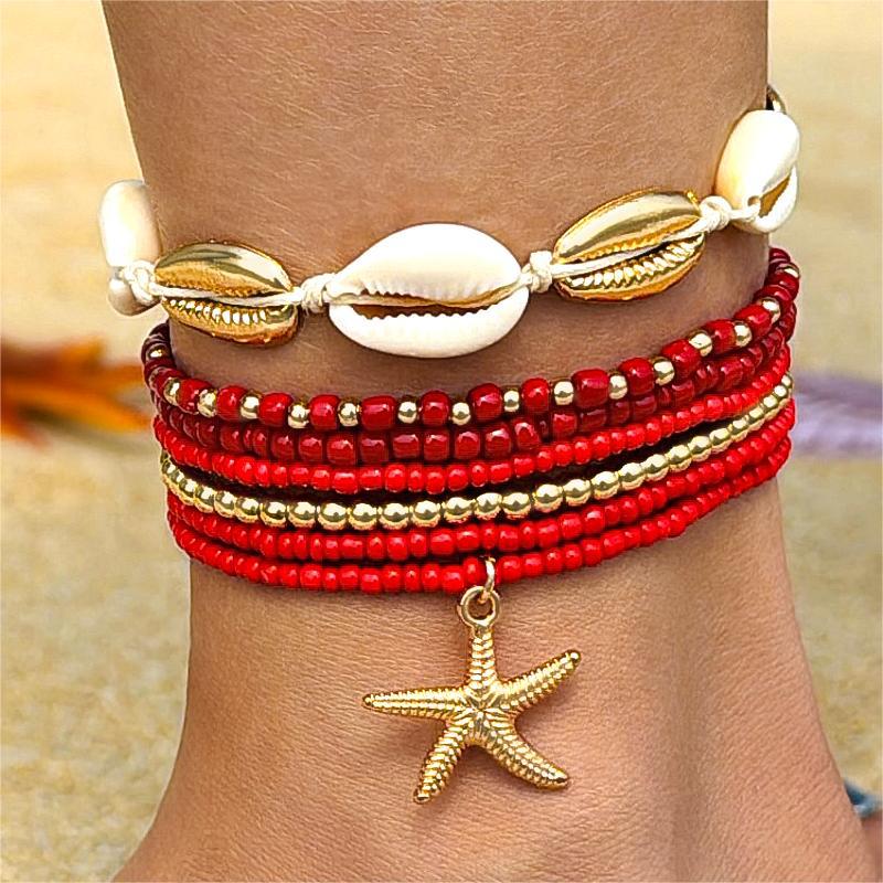 Seashell Jewelry Necklace Anklet Bracelet Bohemian Resort Style Beaded Woven Bracelet, Starfish Seed Bead 7-Piece Set Wholesale-1