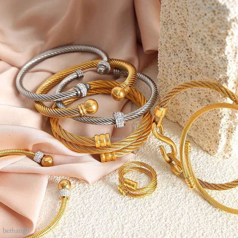 18k Gold Steel Wire Bangle Cuff Bracelet No Tarnish Designer Jewelry Cubic Zircon Diamond Stainless Steel Multilayer Wrap Stacking Wristband Rings for