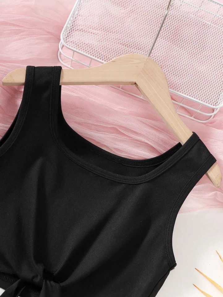 Summer 8-14 year old girl sleeveless patchwork top striped sports shorts 2PCS setXJ250410