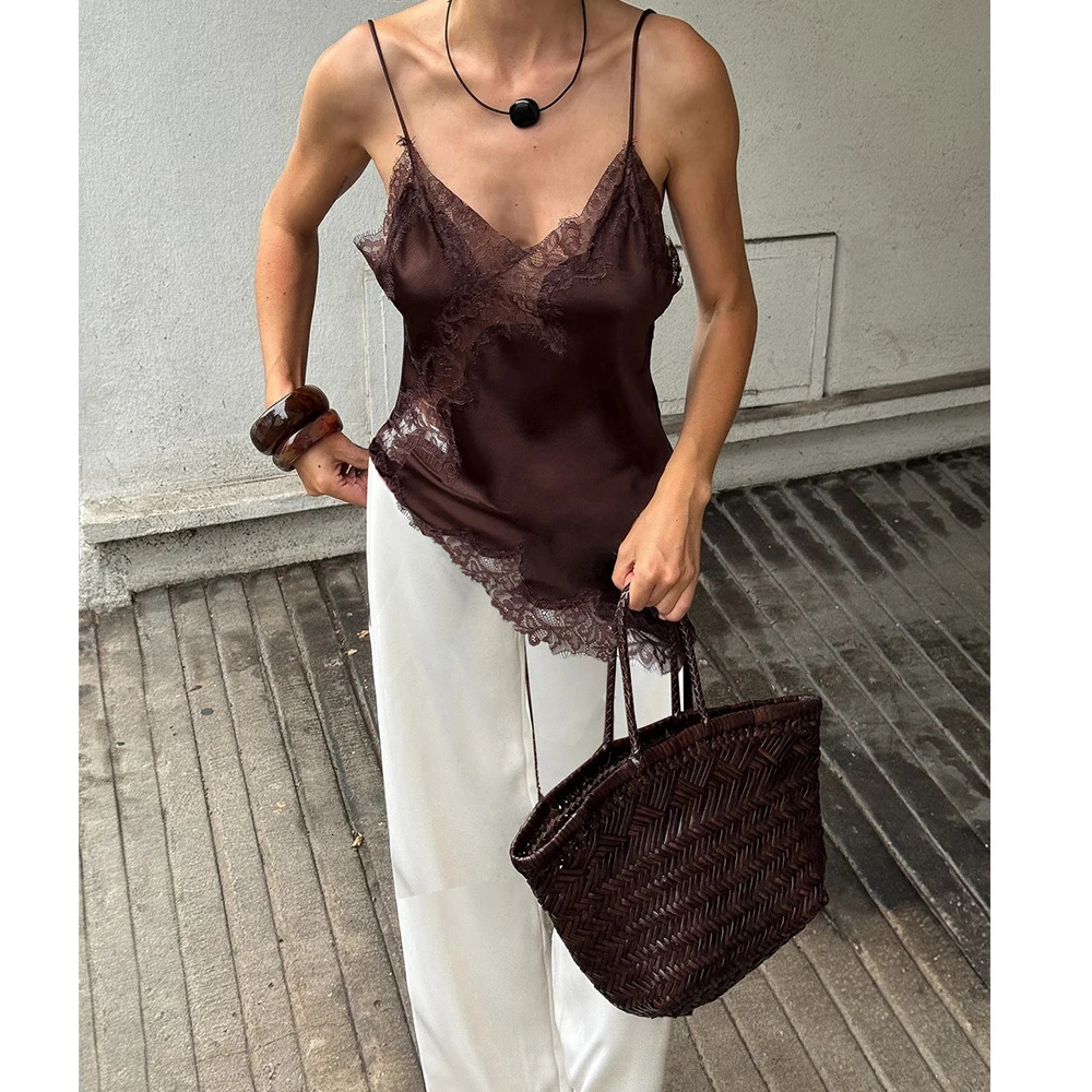 Women Sexy Satin Lace Trim Cami Tops Silk V Neck Spaghetti Strap Tanks Tops Y2k Coquette Loose Going Out Camisoles Streetwear251111