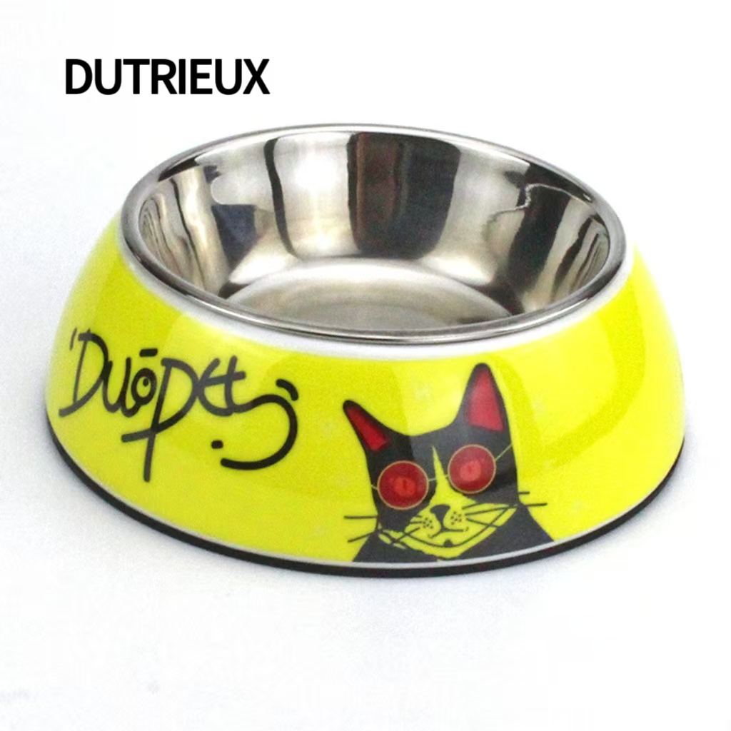 K3331 Anti-spill stainless steel pet bowl, weighted non-slip base, cartoon pattern, supplier of food bowls for dogs and cats.